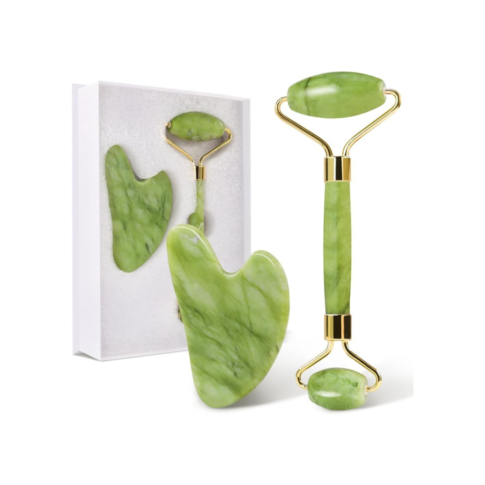 Set Gua Sha e Rullo in Giada per Massaggio Viso Anti-Gonfiore