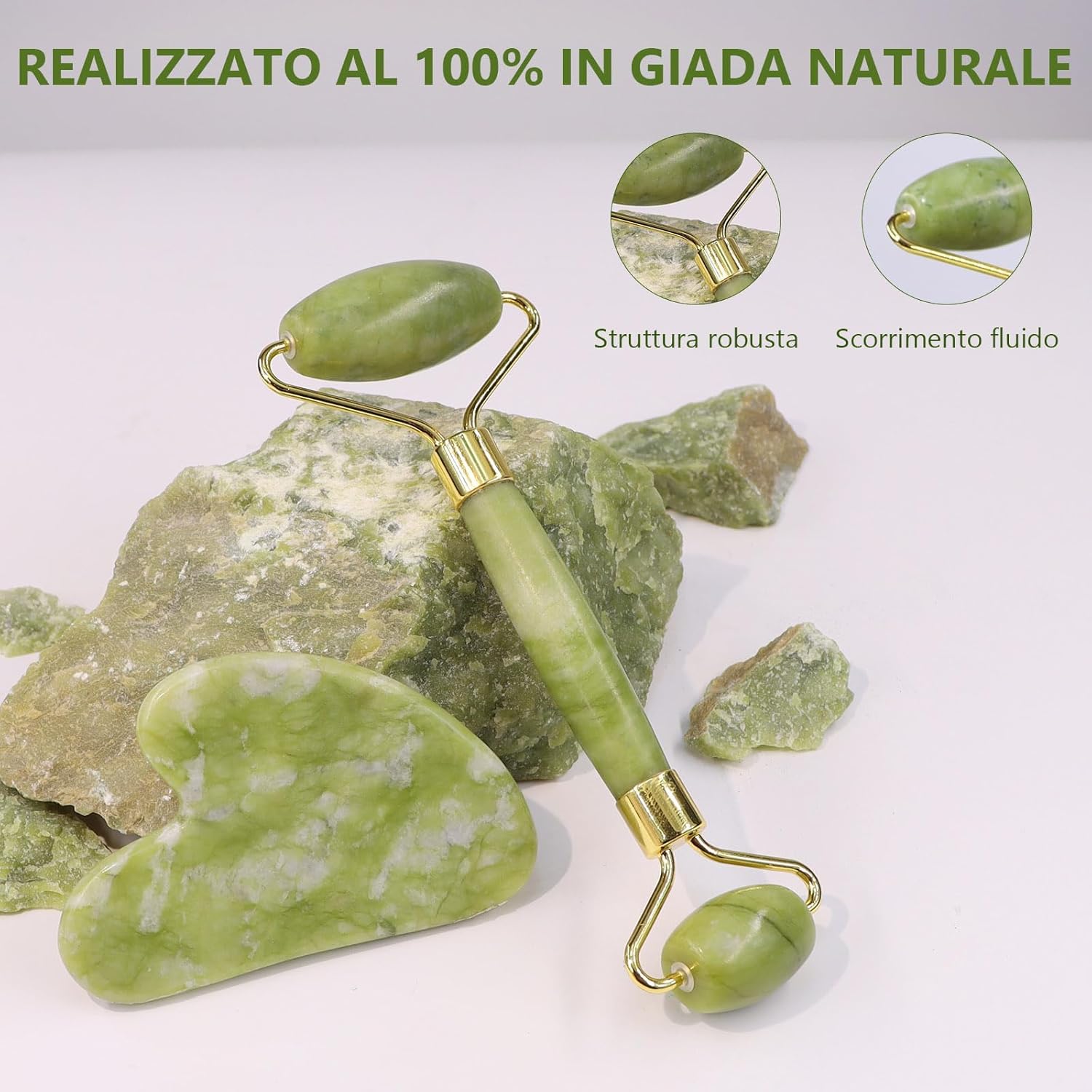 Set Gua Sha e Rullo in Giada per Massaggio Viso Anti-Gonfiore